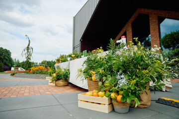 Outdoor floral arrangement with citrus fruits on display