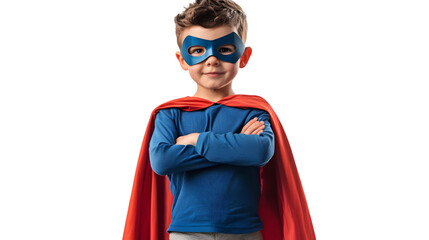 A young boy dressed as a superhero with a blue mask and a red cape standing with arms crossed