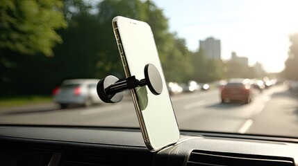 Smartphone mounted on a magnetic car dashboard holder, positioned vertically, displaying a blank screen; blurred city traffic background at sunset