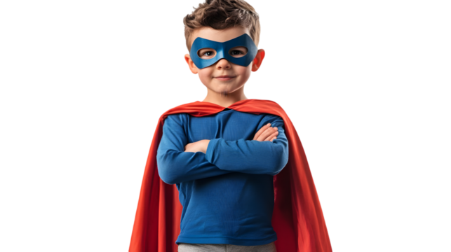 A young boy dressed as a superhero with a blue mask and a red cape standing with arms crossed