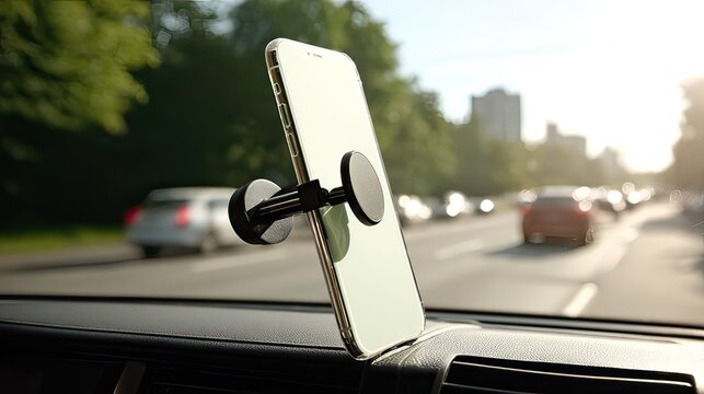 Smartphone mounted on a magnetic car dashboard holder, positioned vertically, displaying a blank screen; blurred city traffic background at sunset