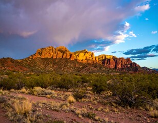 Sunset over desert mountains