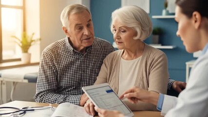 Senior couple consults doctor, reviewing test results on tablet in office setting - Powered by Adobe