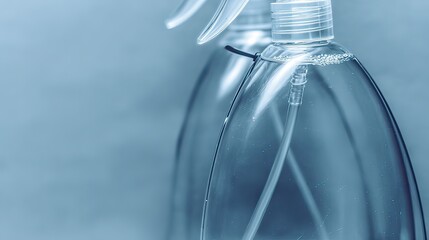 Close-up of two translucent plastic spray bottles, partially filled with a clear liquid, against a muted blue background. The bottles feature trigger spray mechanisms