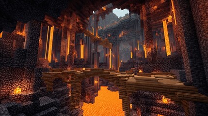 A vast, fiery cavern with lava pools, wooden bridges spanning chasms, and towering, glowing obsidian pillars.  The scene is lit by the fiery glow of the lava 