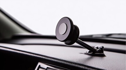 A sleek, black magnetic phone mount is affixed to a vehicle's dashboard, showcasing a minimalist design and secure grip for convenient hands-free mobile use