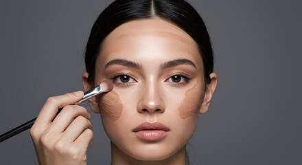 Fototapeta premium Close-up portrait of a woman applying liquid foundation makeup with a brush, featuring smooth skin and natural beauty enhancement, perfect for beauty and skincare content