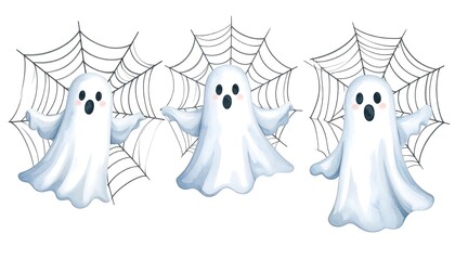 Three cute cartoon ghosts under spiderwebs