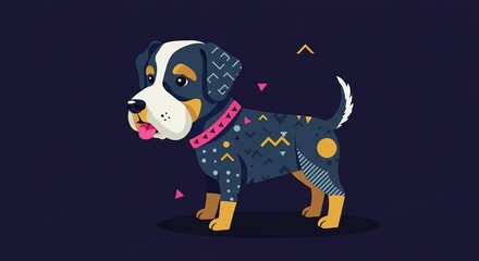 Cute Modern Decorative Dog Illustration with Geometric Patterns and Colorful Accents, Trendy Pet Art Design