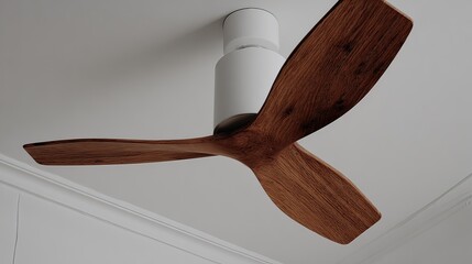 Low-angle view of a modern ceiling fan with three sleek, dark-wood blades and a minimalist white motor housing, mounted against a white ceiling with subtle molding