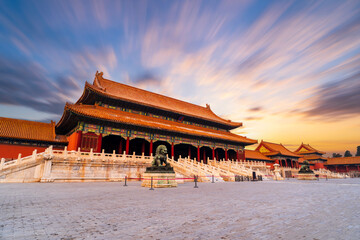 The Chinese Forbidden City in the evening and the beautiful sunset glow.