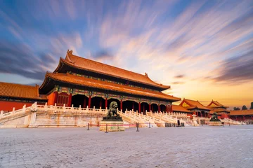 Fototapete Rund Peking The Chinese Forbidden City in the evening and the beautiful sunset glow.  © zhengzaishanchu