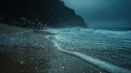 Naklejka premium Rain falling on a beach with waves and a dark cliff