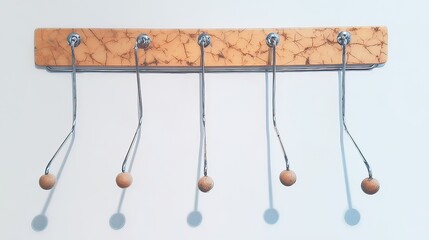 A minimalist wall-mounted coat rack featuring a light-toned wood base with a crackled texture and six chrome hooks, each ending in a light wood ball. The rack casts subtle shadows on the white wall
