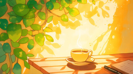 緑あふれる自然環境にあるカフェでコーヒーを楽しむシーンを描いたイラスト。やわらかな色合いと癒しの雰囲気が感じられ、広告やSNS、書籍の挿絵などに活用できる汎用性の高い背景素材。