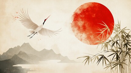 Elegant asian watercolor painting of a crane flying with sun and bamboo art