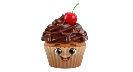 A cheerful cartoon cupcake with chocolate frosting, a cherry, and happy facial features.