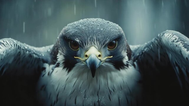 Bird of prey in rain, perched and alert.