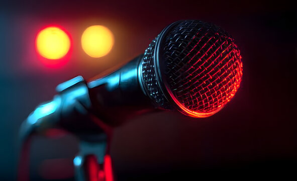A close-up of a microphone with a red glowing grille and bokeh lights in the backdrop Vibrant Rim Light technology vibrant background colorful modern