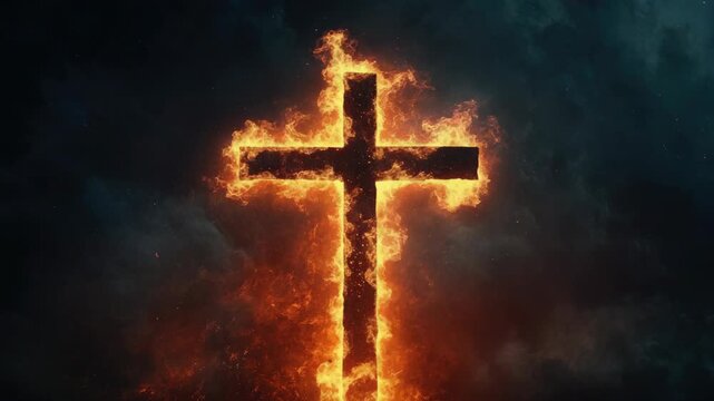 Burning cross in dark space with cosmic background.
