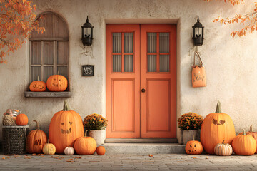Front Door with Halloween Decorations and Pumpkins. AI generated