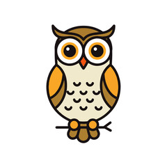 Obraz premium A cute stylized cartoon owl with large orange eyes and tufted ears perched on a simple branch.