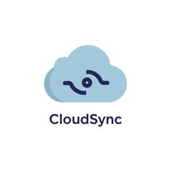 Obraz premium Flat design CloudSync logo featuring a light blue cloud with a dark blue abstract synchronization symbol.