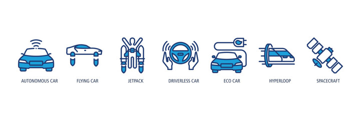 Future Transportation Outline blue Icons Web Banner – Autonomous Car, Flying Car, Jetpack, Driverless Car, Eco Car, Hyperloop, Spacecraft