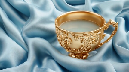 Ornate golden teacup resting on luxurious, shimmering, sky blue silk fabric