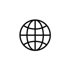Simple black outline globe icon with a wireframe grid representing latitude and longitude.