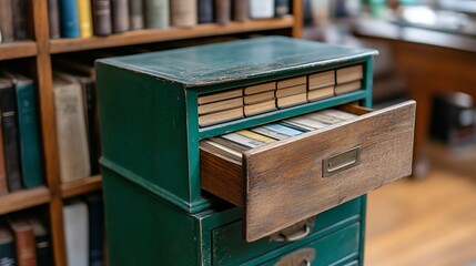 Antique wooden card catalog cabinet with open drawer in library setting