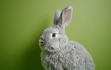 Adorable Grey Fluffy Bunny Rabbit on Green Background
