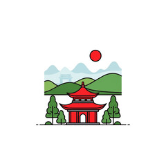 Stylized Japanese landscape illustration with a red pagoda green hills mountains and a red sun.