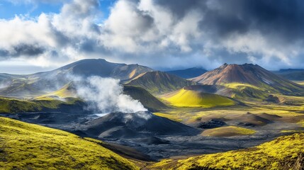 Dramatic Iceland Highlands Landscape with Geothermal Activity and Rugged Terrain