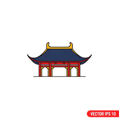Traditional Chinese pavilion icon with a blue curved roof red pillars and yellow accents.