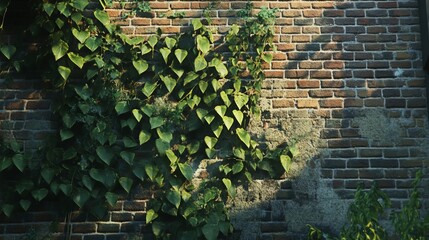 Lush Vines Adorning an Old Brick Wall, a Beautiful Contrast of Nature and Architecture