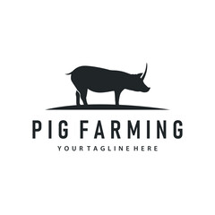 Pig logo concept design black silhouette of pig farm with simple pig animal illustration product brand design template and also farming symbol