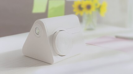 A minimalist, off-white triangular device with a circular dial sits on a bright white desk near sunflowers and papers, bathed in soft light.  Its design is sleek and modern