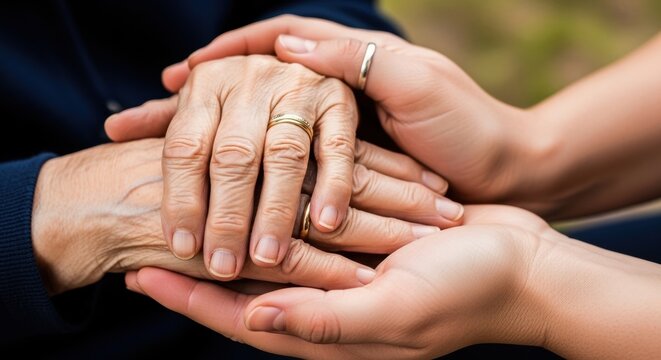 Hands of an elderly person being held by younger hands showing care and support with rings visible