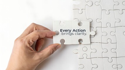 Hand Placing Puzzle Piece with Inspirational Quote About Action