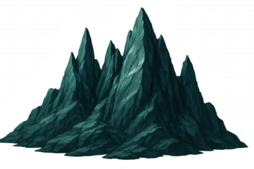 Green rocky mountain range towering against transparent backdrop, revealing dramatic geological formation with rugged peaks