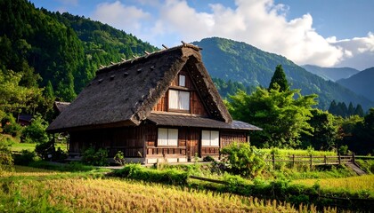 Traditional Japanese farmhouse nestled in a valley
