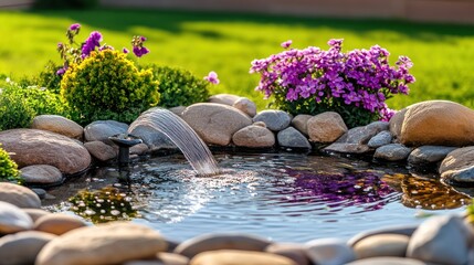 Small garden pond with fountain and flowers