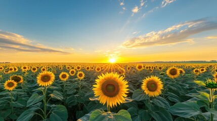 Fototapeta premium Panoramic view of a sunflower field at sunset. Golden sunrays illuminate a vast expanse of sunflowers
