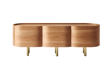 Light brown wooden sideboard with curved panels and brass legs.