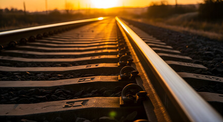 Obraz premium Sun-kissed railway lines vanishing into the distant sunset, symbolizing new beginnings