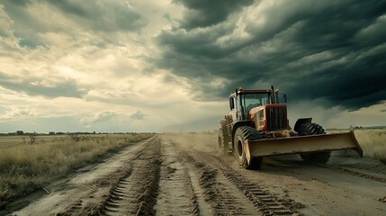 Tractor working on a farm road, creating dust under a dramatic sky filled with dark storm clouds, conveying a sense of hard work and dedication