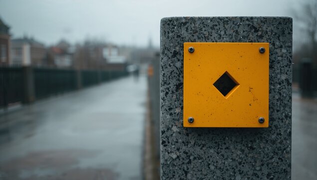 Bright yellow pedestrian crossing button with diamond indentation on post