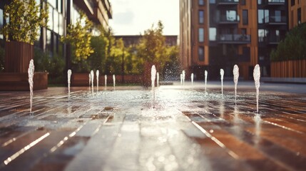 Modern courtyard fountain, water jets on wooden deck, buildings in the background