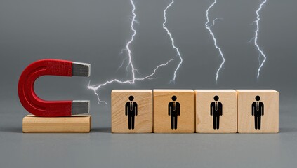 Horseshoe magnet attracting business people figurines on wooden blocks